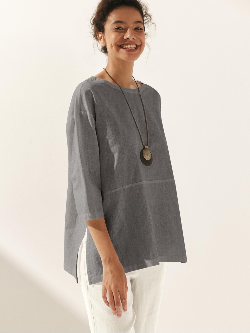 LINTICO Ava Boatneck Top Neutral Gray, Medium, Linen Cotton 3/4 Sleeve